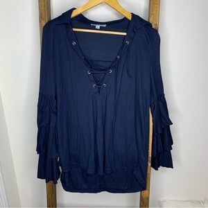 She + Sky Navy Ruffle Sleeve Blouse